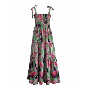 Abstract Floral- Smocked Bodice -Tie Strap -Flared Tiered -Maxi SUNDRESS  Size L